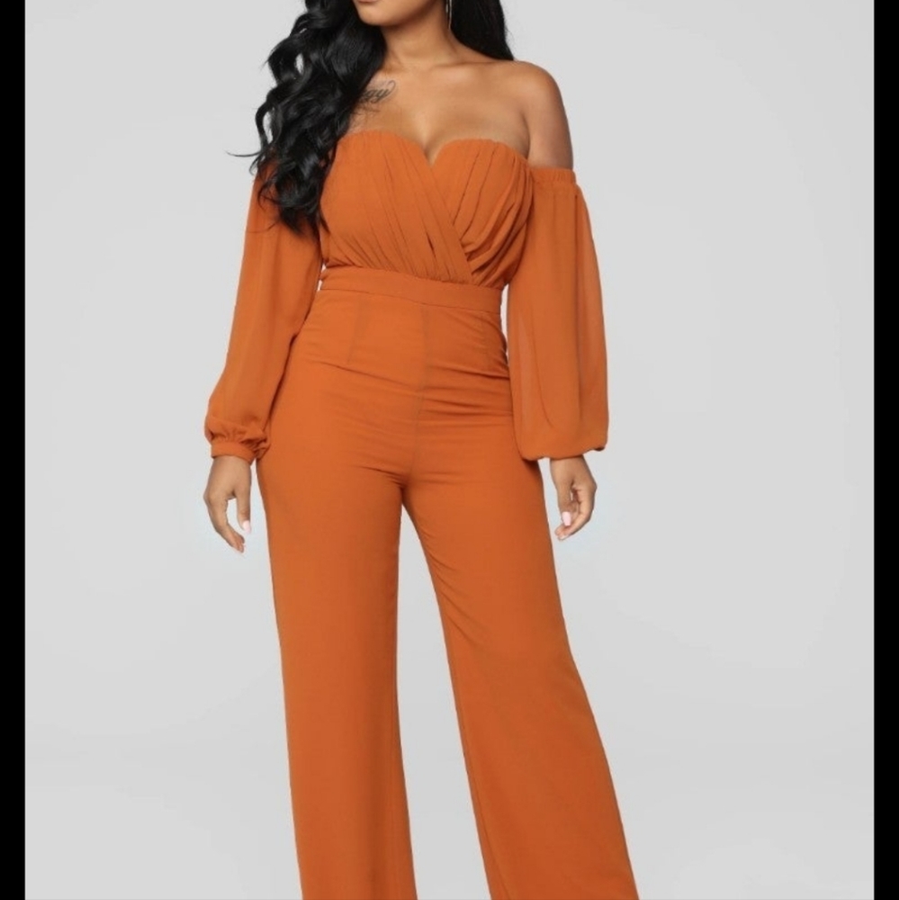 Fashion Nova Off-Shoulder Orange Jumpsuit